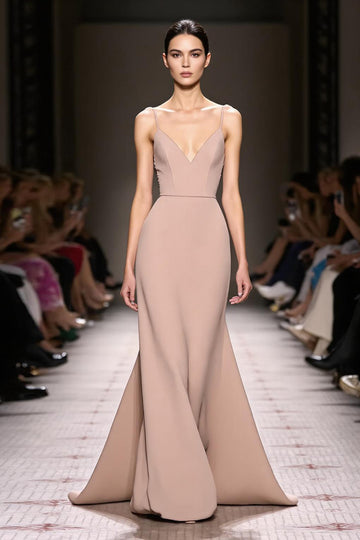 Champagne Spaghetti Straps A Line Evening Dress with Open Back